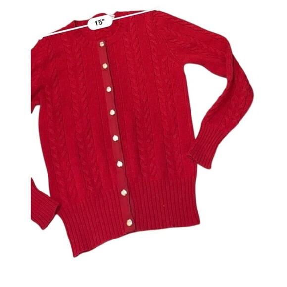 Vintage Red Wool Cable Knit Cardigan ASTON Gold Buttons S - Picture 4 of 6